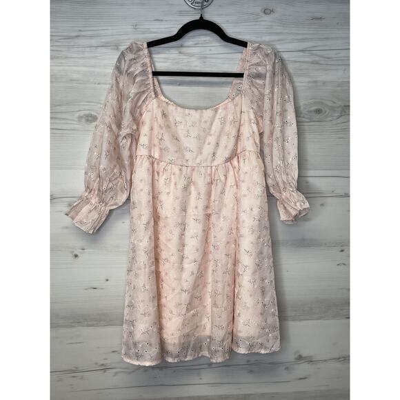 Thirty Thirty LA Dress Womens Medium Floral Embroidered Mesh Overlay Puff Sleeve - Picture 1 of 10